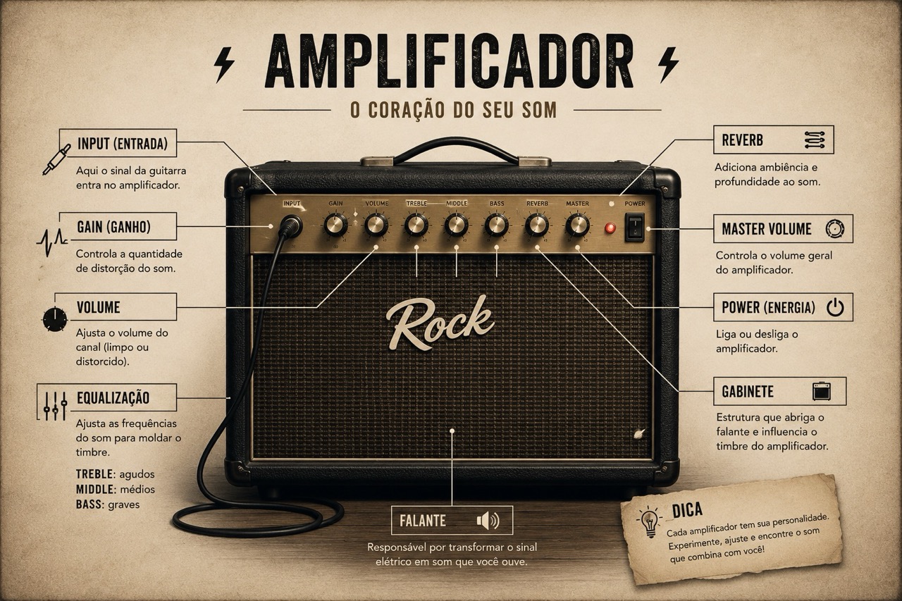 Diagrama de um amplificador de guitarra preto com entradas, ganho, volume, equalização, reverb, master, power, gabinete e falante identificados.