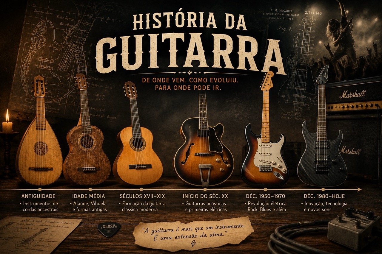 Linha do tempo da história da guitarra, da evolução do alaúde às guitarras elétricas modernas.