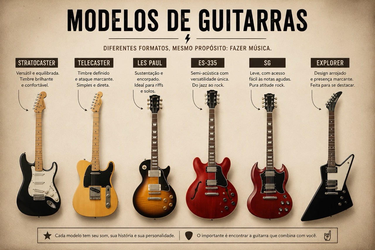 Pôster com seis guitarras elétricas alinhadas: Stratocaster, Telecaster, Les Paul, ES-335, SG e Explorer.