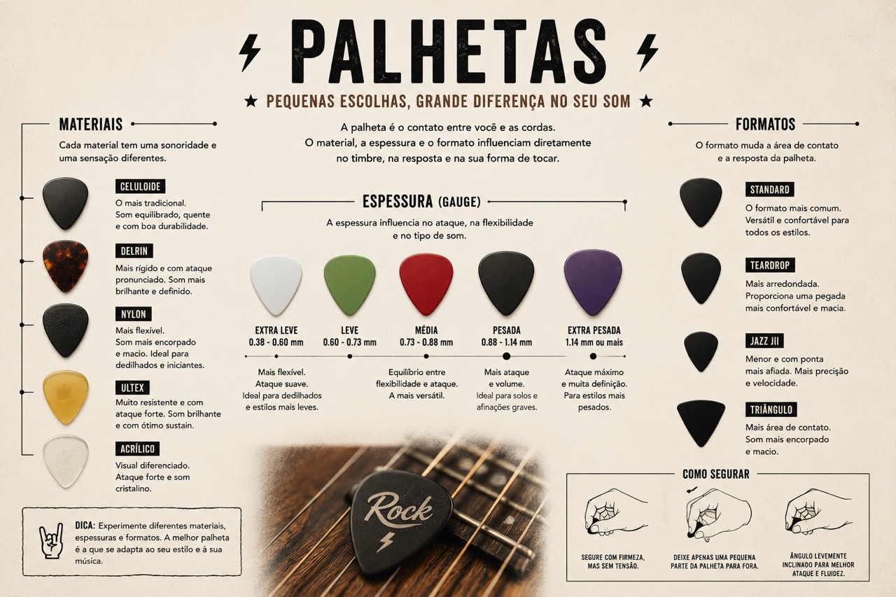 Conjunto de palhetas de guitarra em diferentes cores, espessuras e formatos.