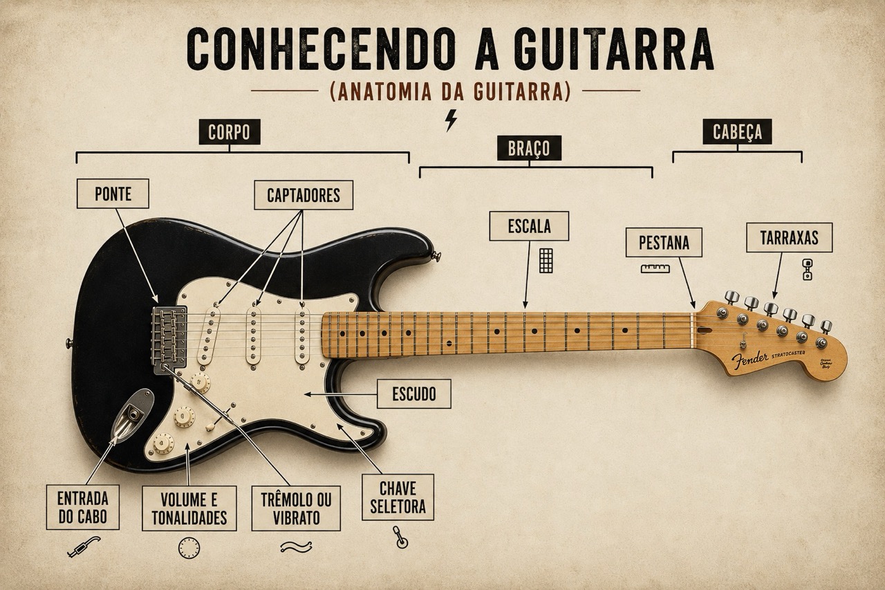 Diagrama de uma guitarra Stratocaster com corpo, braço, cabeça, captadores, ponte, trastes, tarraxas e controles identificados.