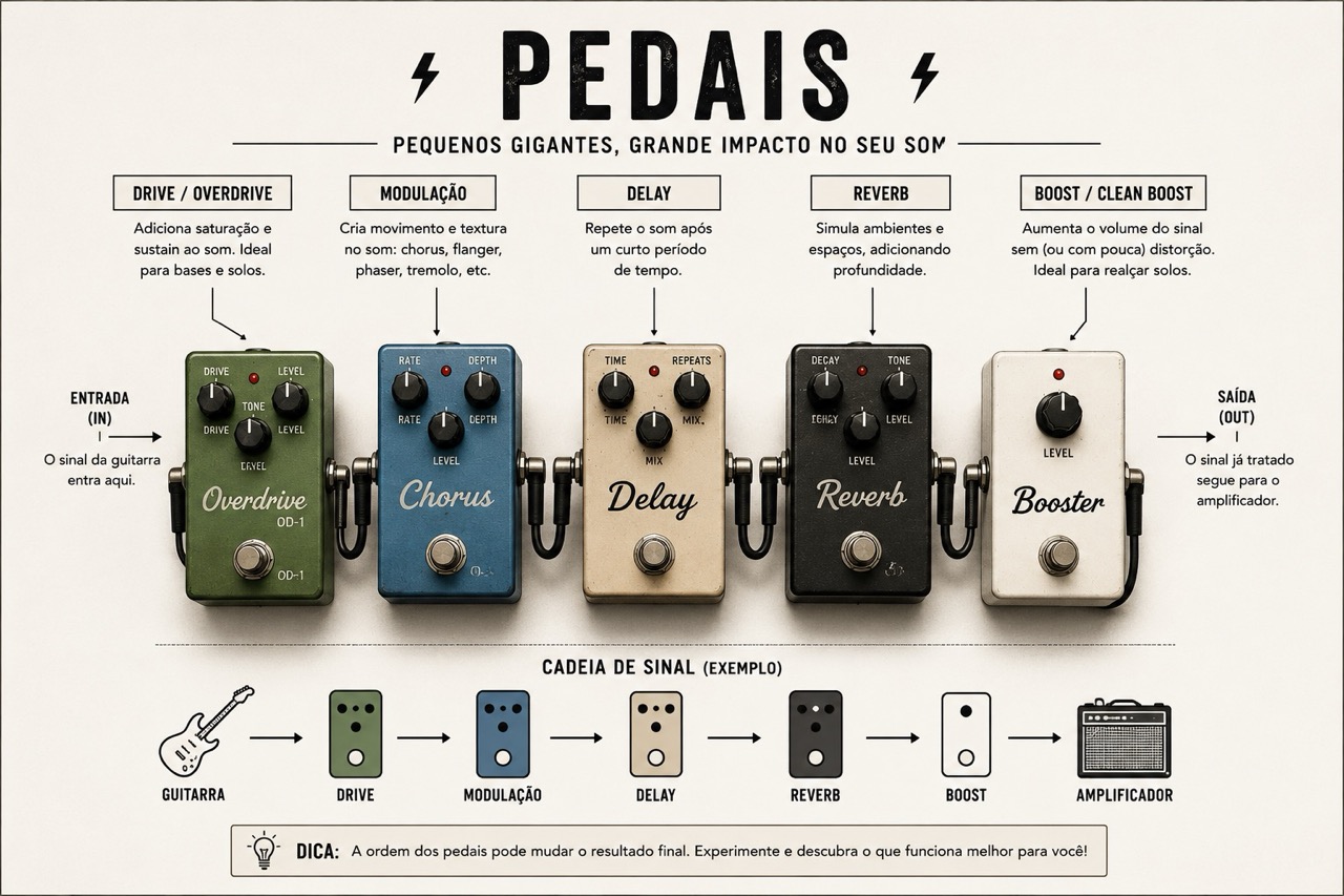 Cinco pedais de guitarra em cadeia de sinal: drive, chorus, delay, reverb e boost.