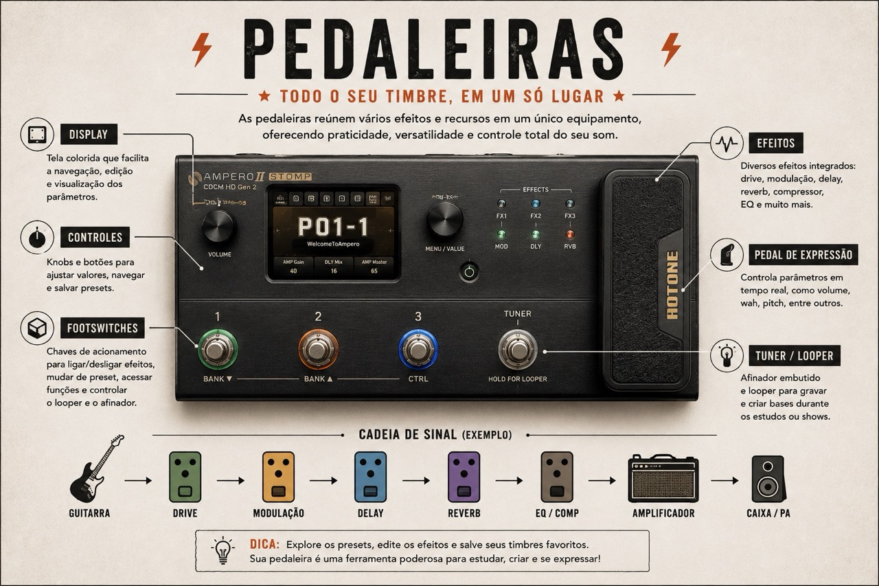 Pedaleira multiefeitos com vários pedais conectados por cabos, botões e footswitches visíveis.