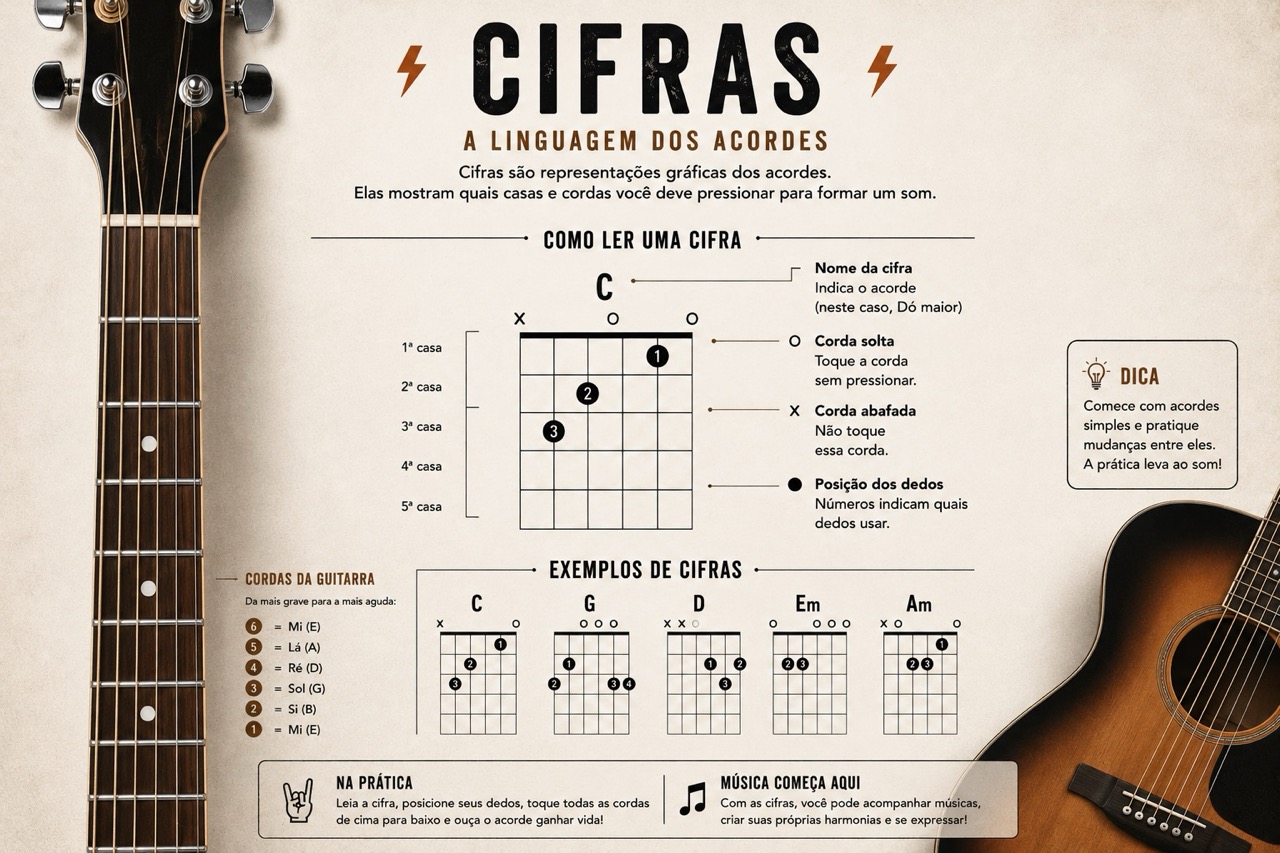 Ilustração de cifras de acordes com letras e símbolos usados para representar harmonias.