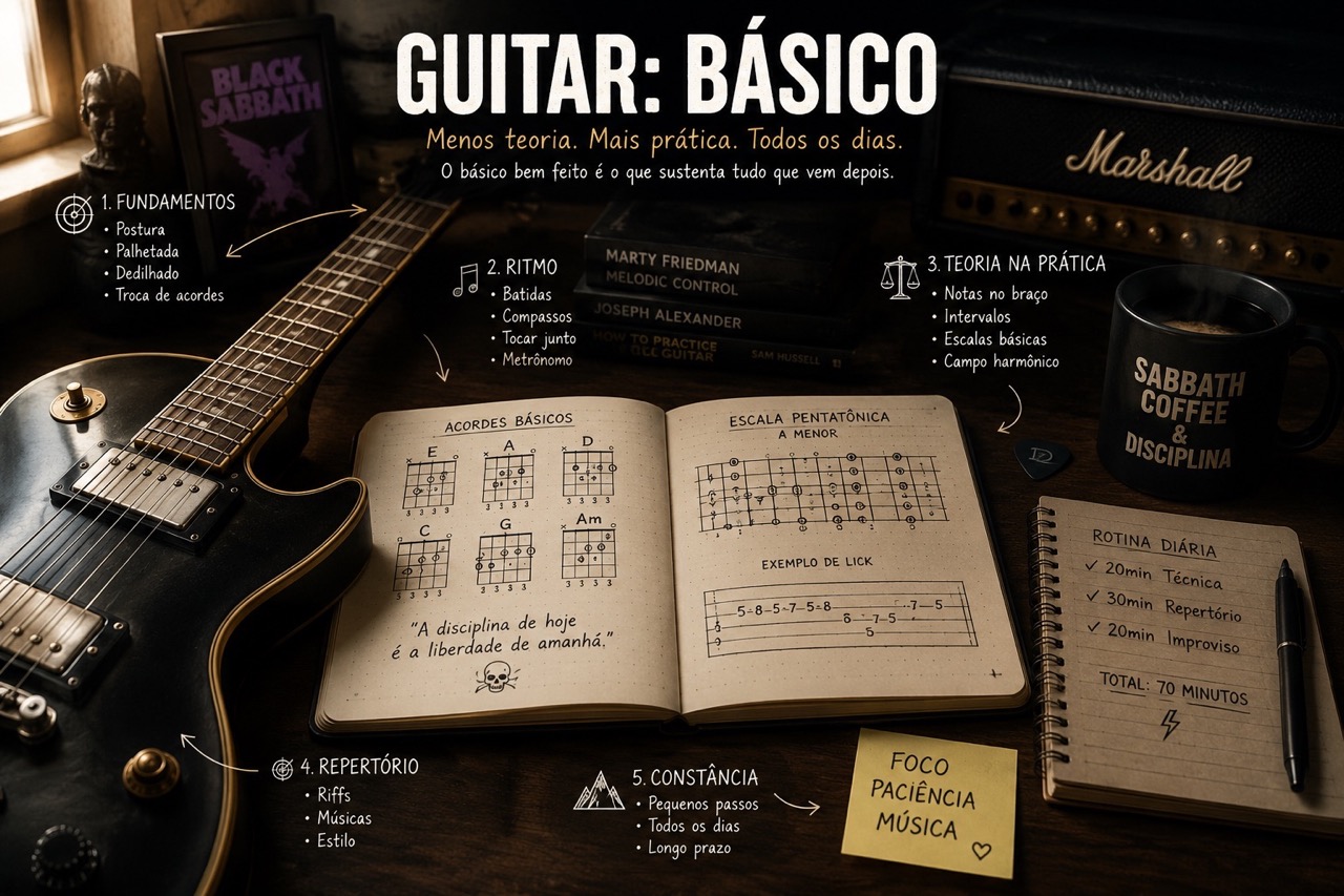 Infográfico sobre fundamentos da guitarra em um estúdio escuro, com guitarra elétrica, caderno de estudos e amplificador. Destaca postura, técnica, ritmo, teoria aplicada, repertório e prática diária, incentivando consistência, foco e paciência.