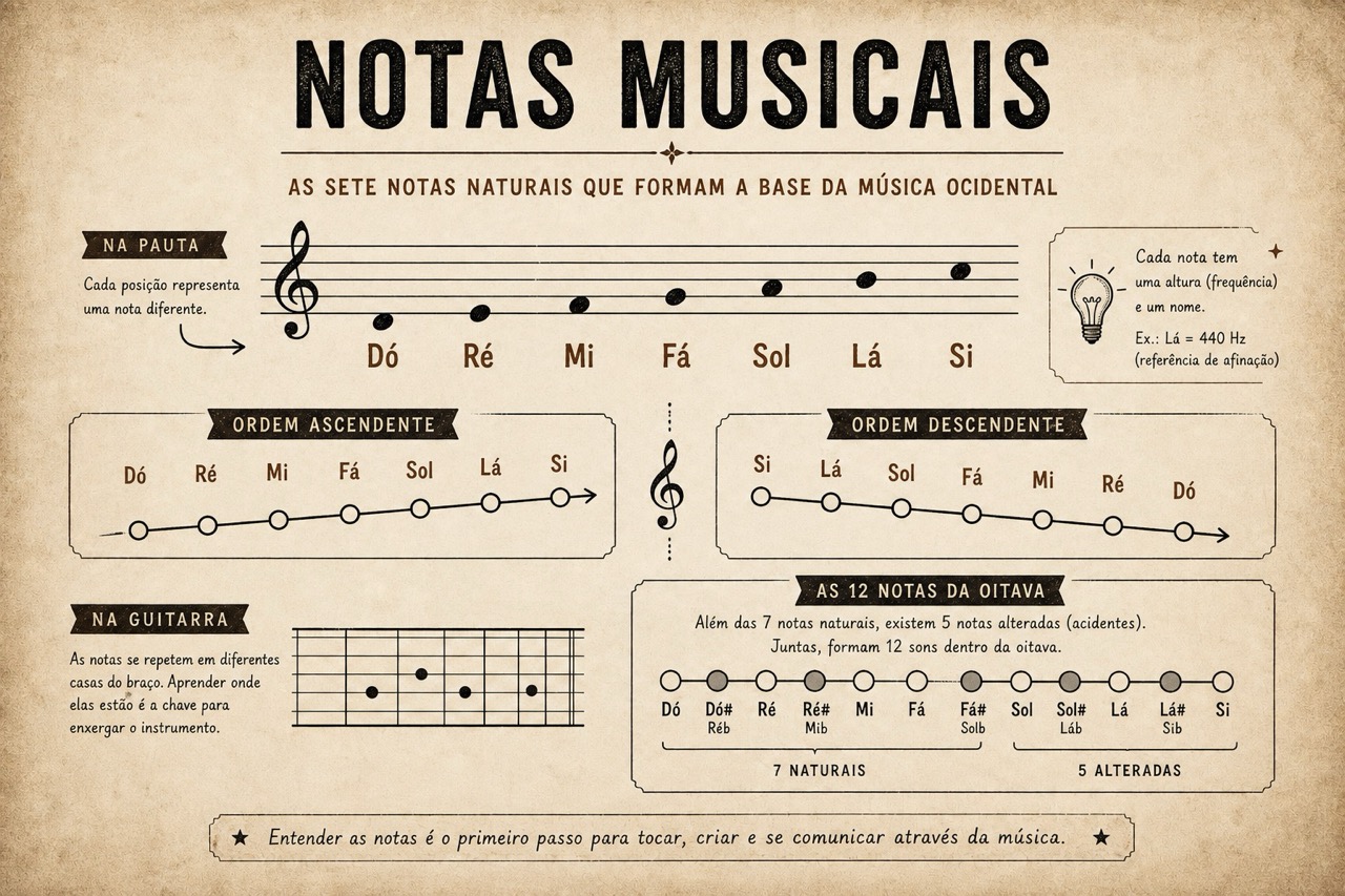 Ilustração de notas musicais em pauta mostrando símbolos de notas e clave.